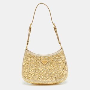 Prada Cleo Gold Crystals Studded Satin Shoulder Bag